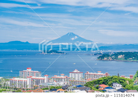 【神奈川県】湘南の住宅地越しに見る、江ノ島と富士山 115814074