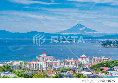 【神奈川県】湘南の住宅地越しに見る、江ノ島と富士山 115814075