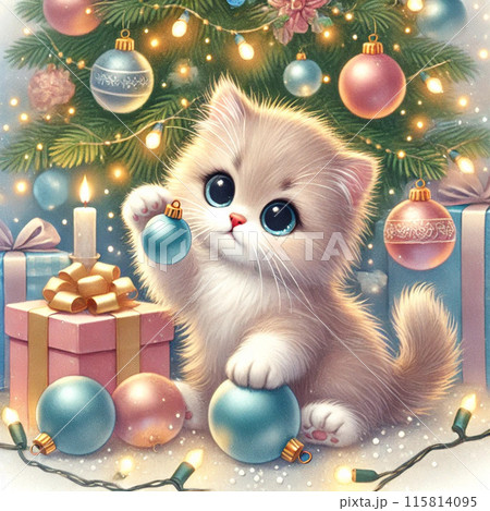 絵画。原画【かわいい猫たちはきれいなクリスマスツリーを飾った