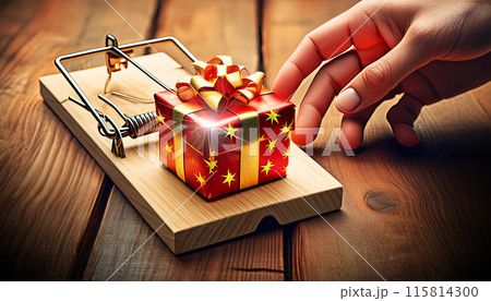 Close-up of a Hand Trying To Take a Gift Package From a Mousetrap - Generative Ai 115814300