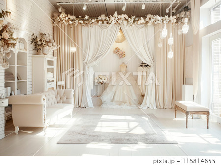 Luxurious wedding store interior with a central mannequin showcasing a stunning dress, complemented by soft drapery, floral decor 115814655