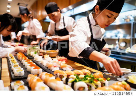 Group of individuals in uniforms engaged in hands-on sushi making during a culinary workshop, surrounded by various sushi types and focused on mastering traditional Japanese cuisine techniques. 115814697