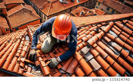 Top View of a Bricklayer Repairing the Broken Tiles of an Old Roof - Generative Ai 115814740