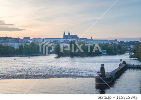 Prague Castle with Vltava river at sunset, Prague. Prague Castle with Vltava river at sunset, Prague. 115815845
