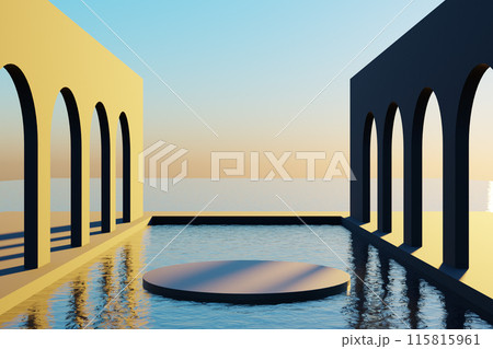 Colorful design of arched walls and rippling water. 3d render 115815961