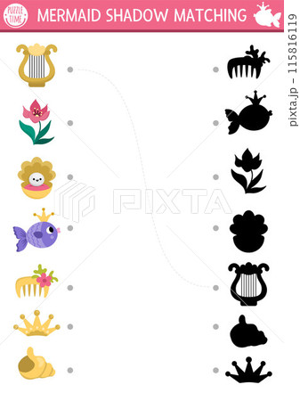 Mermaid shadow matching activity with sea princess accessory. Fairytale ocean kingdom puzzle with cute comb, fish, seashell. Find correct silhouette printable worksheet. Marine page for kids 115816119