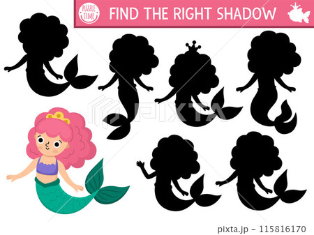 Mermaid shadow matching activity with sea princess. Fairytale ocean kingdom puzzle with cute girl with tail. Find correct silhouette printable worksheet, game. Marine page for kids. Find the right Mermaid shadow matching activity with sea princess. Fairytale ocean kingdom puzzle with cute girl with tail. Find correct silhouette printable worksheet, game. Marine page for kids. Find the right 115816170