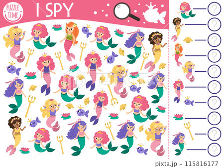 Mermaid I spy game for kids. Searching, counting activity with trident, water lily, seashell, fish. Fairytale ocean kingdom printable worksheet for children. Simple marine spotting puzzle 115816177