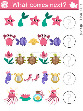 What comes next. Mermaid logical activity for preschool children with sea princess tail, crab, fish, animals. Fairytale ocean kingdom logic succession worksheet. Marine continue the row game What comes next. Mermaid logical activity for preschool children with sea princess tail, crab, fish, animals. Fairytale ocean kingdom logic succession worksheet. Marine continue the row game 115816183