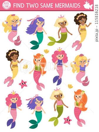 Find two same mermaids. Fairytale ocean kingdom matching activity for children. Marine educational quiz worksheet for kids for attention skills. Simple printable game with cute sea princess Find two same mermaids. Fairytale ocean kingdom matching activity for children. Marine educational quiz worksheet for kids for attention skills. Simple printable game with cute sea princess 115816218