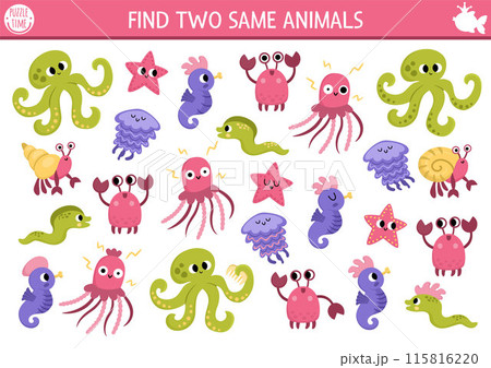 Find two same water animals. Fairytale ocean kingdom matching activity for children. Marine educational quiz worksheet for kids. Simple printable game with crab, jellyfish, starfish, octopus Find two same water animals. Fairytale ocean kingdom matching activity for children. Marine educational quiz worksheet for kids. Simple printable game with crab, jellyfish, starfish, octopus 115816220