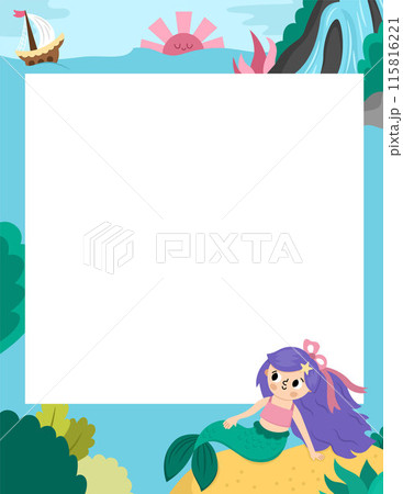 Vector landscape illustration with mermaid lagoon scene and place for text. Ocean or sea scene with marine princess for kids. Cute vertical fairytale marine background or print template 115816221