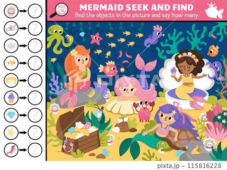 Vector mermaid searching game with fairytale ocean kingdom landscape. Spot hidden objects in the picture and say how many. Fantasy seek and find counting educational printable activity for kids Vector mermaid searching game with fairytale ocean kingdom landscape. Spot hidden objects in the picture and say how many. Fantasy seek and find counting educational printable activity for kids 115816228