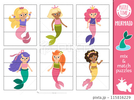 Vector mermaid mix and match puzzle with cute sea princess. Matching fairytale ocean kingdom activity for preschool kids. Marine educational printable game with girls with fish tails Vector mermaid mix and match puzzle with cute sea princess. Matching fairytale ocean kingdom activity for preschool kids. Marine educational printable game with girls with fish tails 115816229