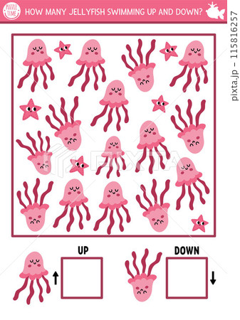 Mermaid logic game with up and down concept for kids with jellyfish. I spy searching, counting activity. Fairytale ocean kingdom printable space orientation worksheet for preschool children Mermaid logic game with up and down concept for kids with jellyfish. I spy searching, counting activity. Fairytale ocean kingdom printable space orientation worksheet for preschool children 115816257
