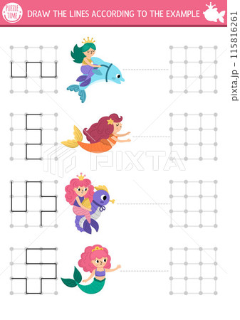 Mermaid drawing, writing, tracing, space orientation activity for kids with sea princesses. Draw the lines in square box according the example. Fairytale ocean kingdom preschool printable game, 115816261
