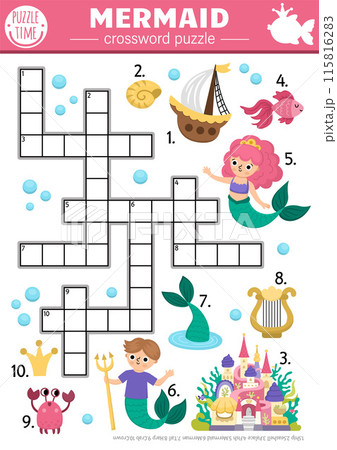 Vector mermaid crossword puzzle for kids. Marine quiz with merman, ship, palace, fish, crab for children. Cute ocean fairytale kingdom educational cross word activity with sea princess 115816283