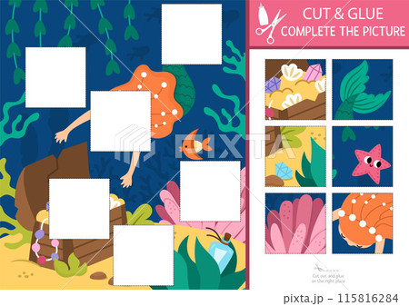 Vector mermaid cut and glue activity. Ocean kingdom crafting game with cute sea princess and marine landscape. Fill up the scene with square sticker. Find the right piece of puzzle. Complete the 115816284