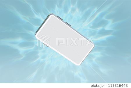 water dropping smartphone, mobile phone falls into water with bubble, water splash isolated on blue background. cell phone damaged, 3d illustration render, top view 115816448