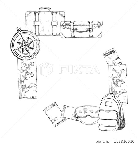 Old vintage backpack leather wallet suitcases, ticket card pass, compass, sleeping mask. Vector ink hand drawn illustration. Square frame. Design for tourism, travel brochure, booklet, wedding guide. 115816610