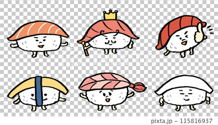 マグロやサーモンなどいろんなお寿司のかわいいキャラ 115816937