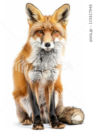 A detailed close-up portrait of a red fox sitting against a white background 115817048