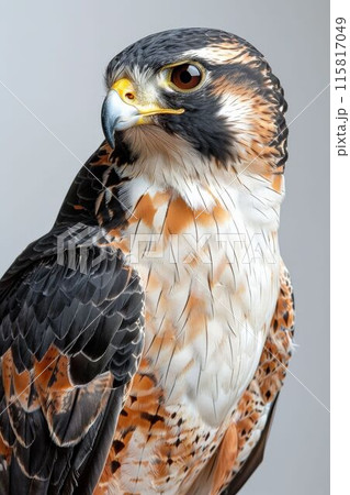 Stunning close-up of a falcon showcasing its intricate feather patterns and piercing eyes Stunning close-up of a falcon showcasing its intricate feather patterns and piercing eyes 115817049