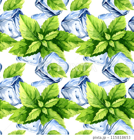 crystal ice blocks, fresh leaves of mint, seamless pattern with hand drawn watercolor ingredients for summer refreshing drinks, blue frozen water cubes for cocktails and mint, white background 115818653