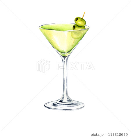watercolor glass of martini cocktail with green olives on a toothpick, summer composition of refreshing drink, illustration, hand drawn sketch of cold beverage isolated white background, for bar menu 115818659