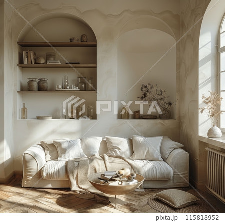 Cozy minimalist living room with wooden floors and white walls Cozy minimalist living room with wooden floors and white walls 115818952