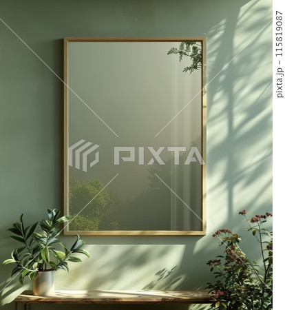 Blank white picture frame hanging on a green wall with indoor plants 115819087