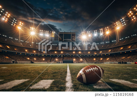 A football rests on green grass of a stadium under night sky 115819168