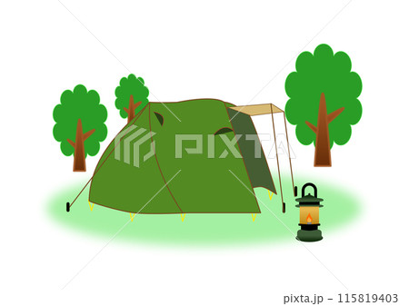 キャンプ場　緑のテントとランタン 115819403