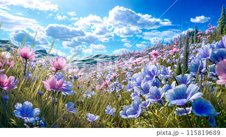 青空に映えるピンクと青の野に咲く花 青空に映えるピンクと青の野に咲く花 115819689