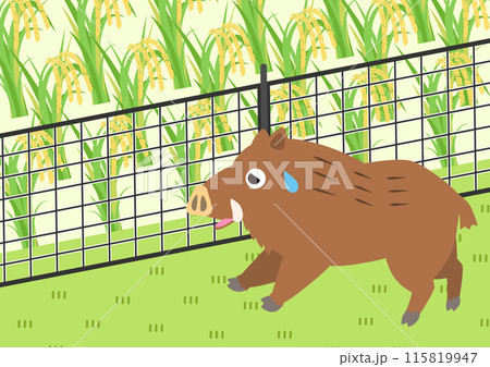 イノシシ対策の金網フェンスで猪を防ぐイラスト 115819947