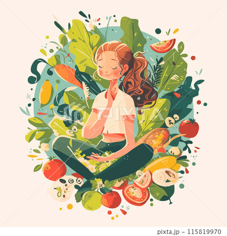 Woman Surrounded by Vegetables and Fruits, Embracing Healthy Lifestyle Woman Surrounded by Vegetables and Fruits, Embracing Healthy Lifestyle 115819970