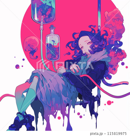 A Woman Sleeping With An IV Drip Against A Red Background 115819975