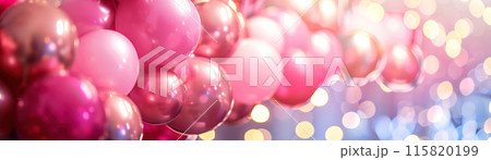 Pink banner with balloons and copy space. It's a girl backdrop with empty space for text. Baby shower or birthday invitation, party. Women's Day. Baby girl birth announcement. Generative AI. 115820199