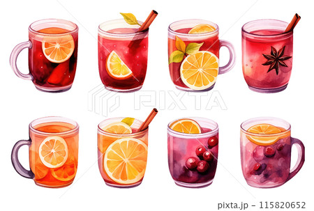watercolor set vector illustration of mulled wine with glass and ingredients cinnamon stick isolated on white background 115820652