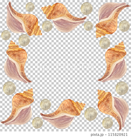 Shell and pearls watercolor frame isolated on white. High quality hand-drawn illustration for notebooks, cards, posters, restaurant menu, souvenirs, stickers, tourism ads, dishes, room design and 115820921
