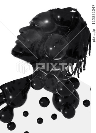 A double exposure 3D spheres profile portrait of a young man looking up A double exposure 3D spheres profile portrait of a young man looking up 115821047