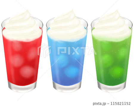 3色のクリームソーダのセット（赤、青、緑）ホイップクリームのせの
