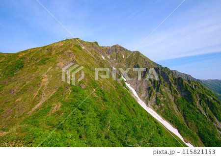 群馬県・初夏の谷川岳西黒尾根「ラクダの背」から見える谷川岳山頂 115821153