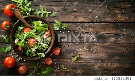 Healthy salad in a bowl on rustic background --ar 25:14 Job ID: 6216744b-5d4a-4ee4-9a0a-67dbdcf02a7b 115821391