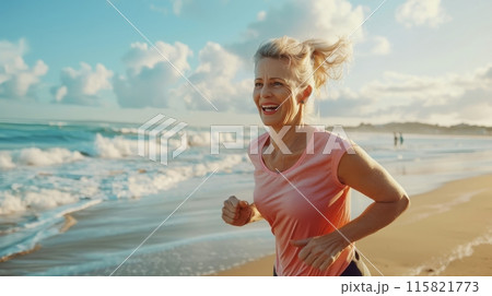 Woman running on a beach, jogging, healthy cardio exercise. 115821773