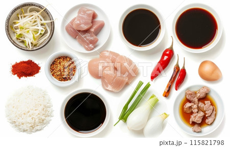 Ingredients for asian noodles arranged on white background, view from above Ingredients for asian noodles arranged on white background, view from above 115821798