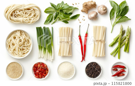 Ingredients for asian noodles arranged on white background, view from above Ingredients for asian noodles arranged on white background, view from above 115821800