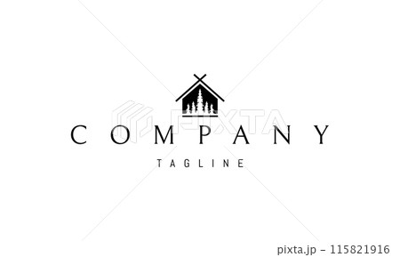 A vector logo with an abstract image of a hut with a silhouette of a pine forest in the middle. A vector logo with an abstract image of a hut with a silhouette of a pine forest in the middle. 115821916