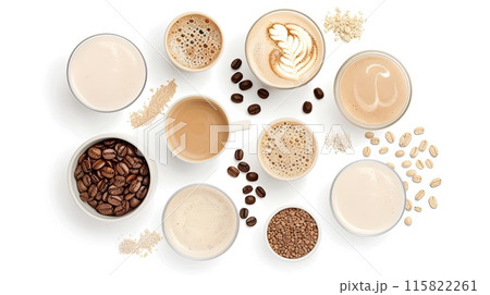Flat lay of various coffee beverages, beans, and powdered ingredients on a white background, showcasing diverse coffee preparations.. Flat lay of various coffee beverages, beans, and powdered ingredients on a white background, showcasing diverse coffee preparations.. 115822261