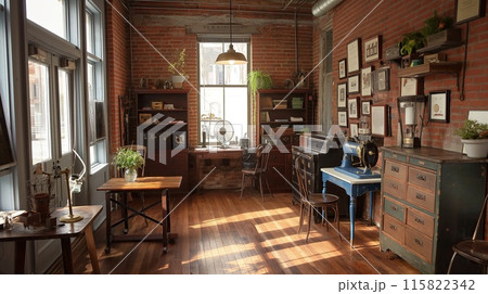 A sunlit vintage home office featuring antique furniture, a typewriter, sewing machine, and lush green plants.. 115822342